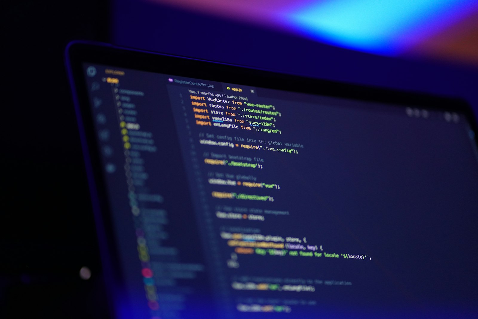 Editor with application code in a darkened workspace