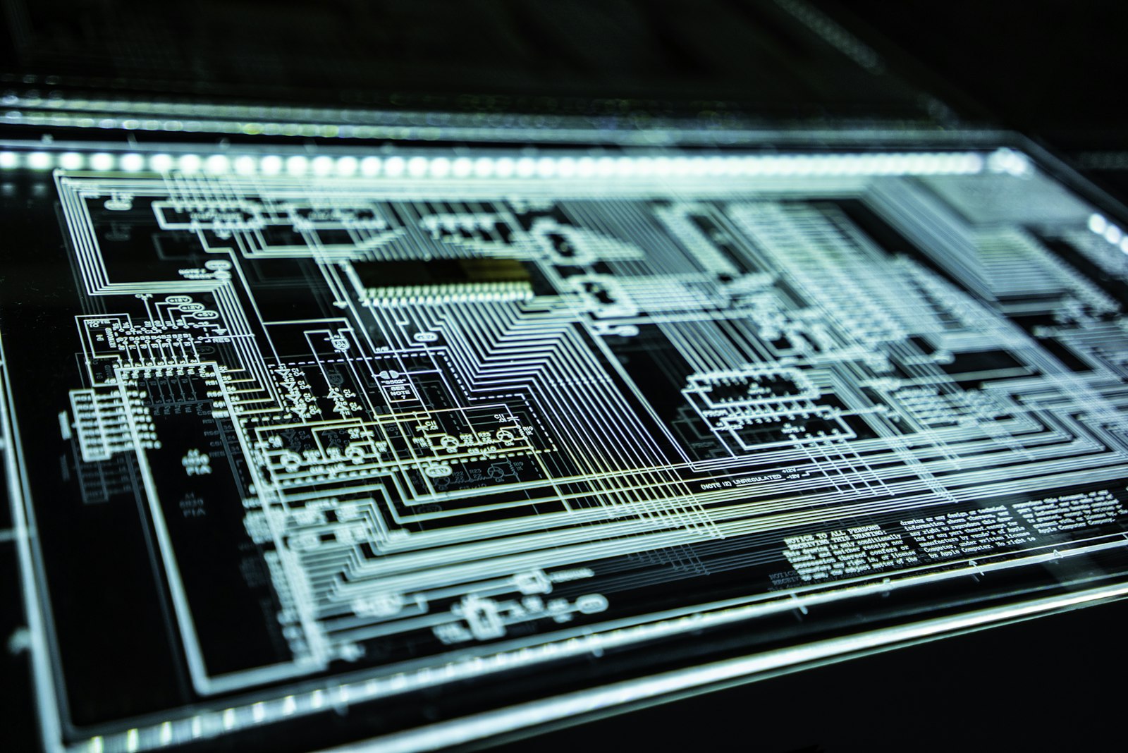 Backlit engineering schematic of a computer circuit